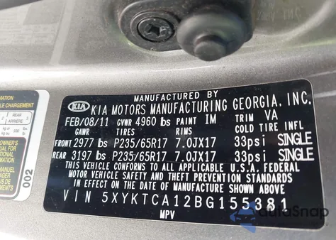 2011 Kia Sorento Lx z USA, uszkodzony, nr VIN 5XYKTCA12BG155381